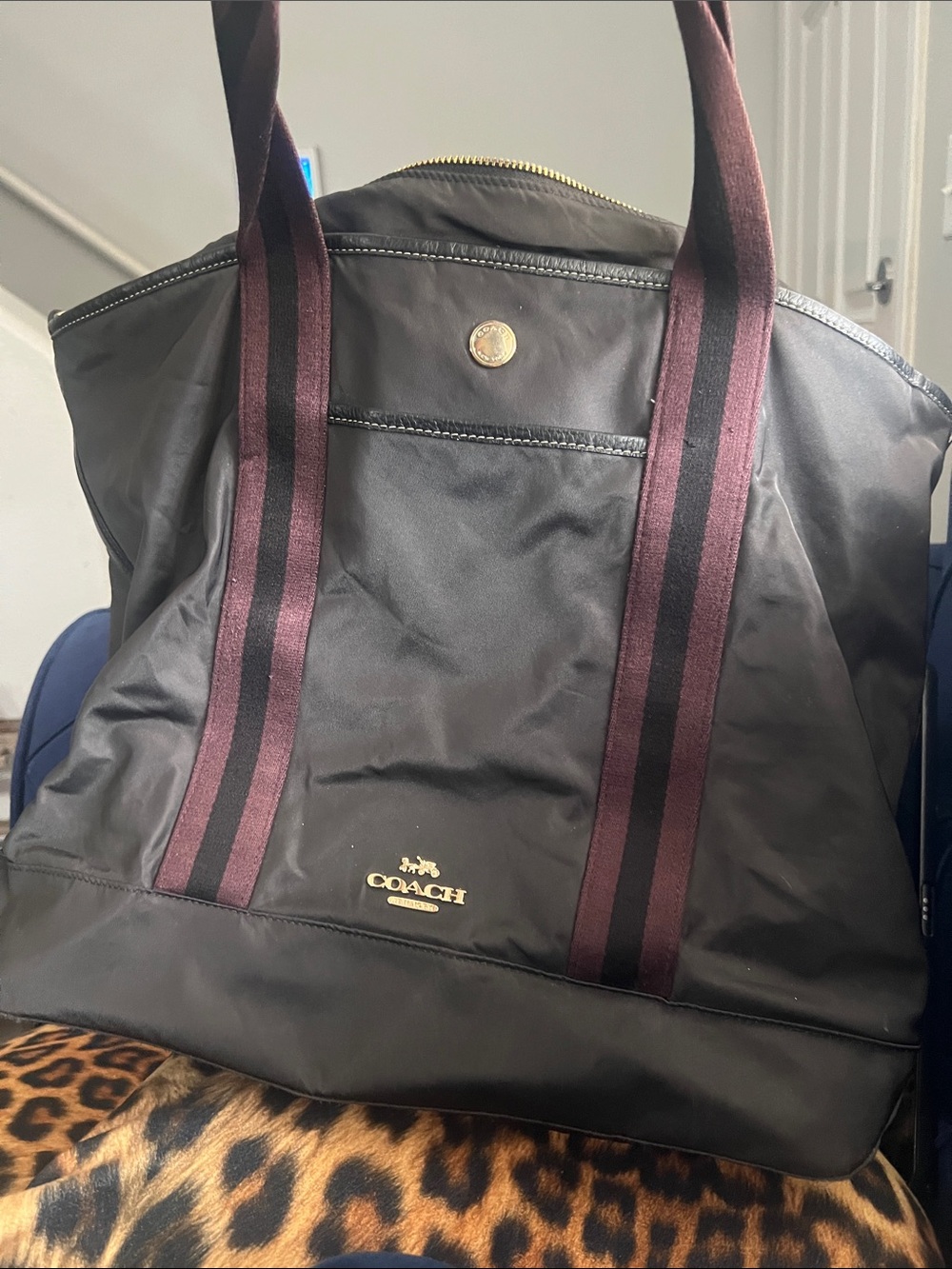 Coach Black Nylon diaper bag with Burgundy-Striped Handles
